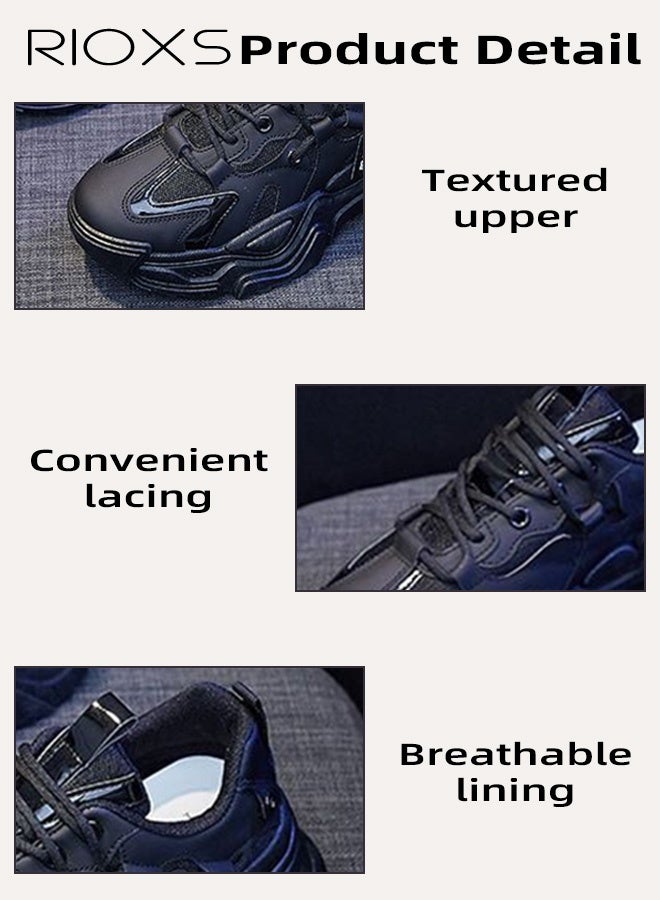 ريوكس حذاء رياضي نسائي سميك، حذاء بشبكة قابلة للتنفس ونعل سميك، حذاء رياضي خفيف الوزن ومضاد للانزلاق مع رباط، حذاء رياضي مريح للركض والمشي، ملابس شبابية وملابس يومية، أسود - Image 4